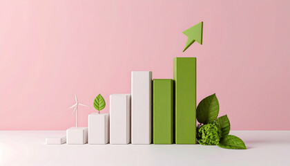 3D Visualization of Sustainable Finance Metrics with Layered Columns Environmental Initiatives Depicted by Green Arrow Wind Turbine and Leaves on Pink Backdrop