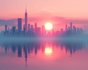 Fototapeta premium Pastel Sunrise City Skyline Soft Colors, Calm Waters