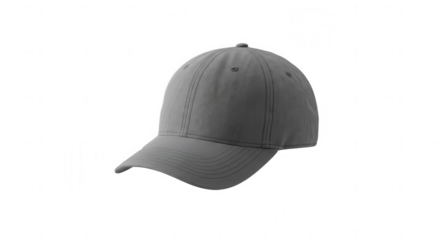 Gray baseball cap with six panels on transparent background