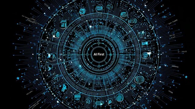 AI First at the center of a digital circular system, symbolizing an AI-first company and intelligent ecosystem