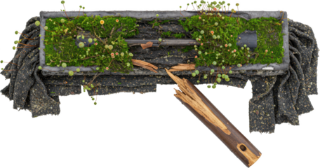 Broken Moss Covered Squeegee with Wood Handle and Green Plants