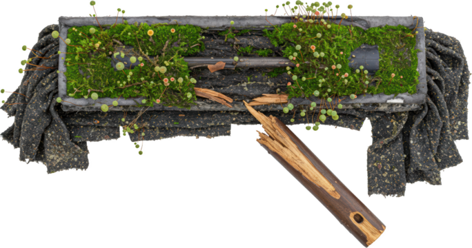 Broken Moss Covered Squeegee with Wood Handle and Green Plants