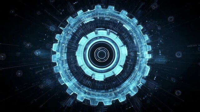 Rotating digital gear with inner core, visualizing artificial intelligence processing and embedded cognitive systems