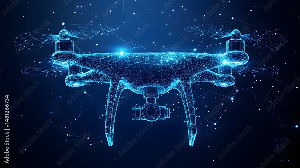 Poster futuristic drone design rendered as a glowing blue wireframe against a constellation-like backdrop. 