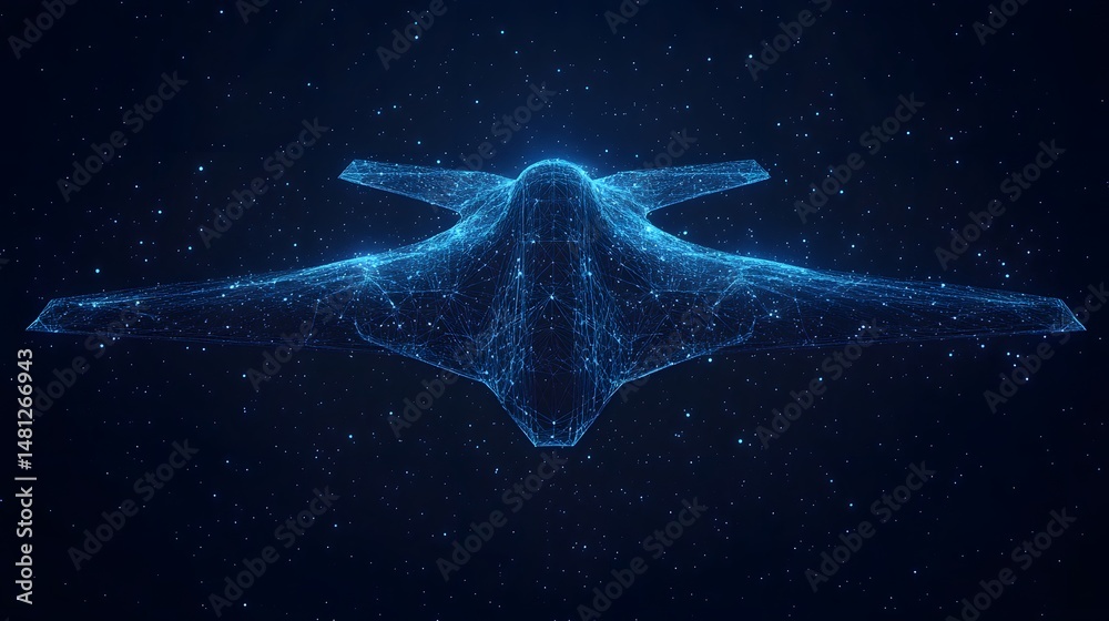 Aufkleber Futuristic spacecraft soars among the stars. A marvel of advanced technology, its wireframe design suggests holographic capabilities. Angular wings cut through space. Abstract wireframe in dark blue.