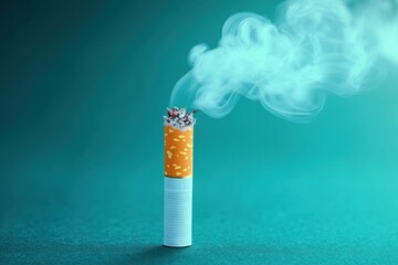 burning cigarette standing upright with ash and smoke against a teal background