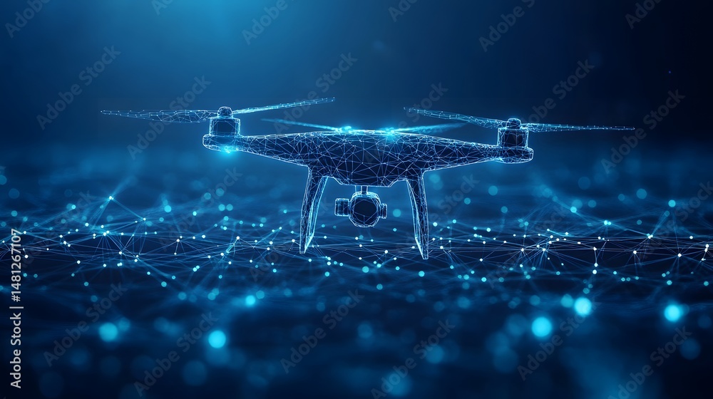 Poster a sleek, digitally rendered drone hovers against a networked backdrop. the blue glow creates a futur