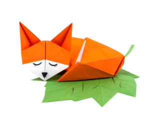 Orange Origami Fox Sleeping on Green Leaf