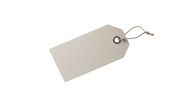 Light beige rectangular tag with black metal ring and natural string on transparent background