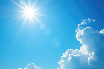 Bright sun illuminates a clear blue sky, fluffy white clouds drift lazily , sunny, sunshine