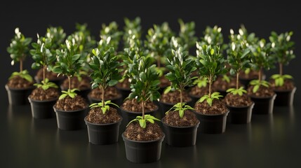 Rows of small boxwood shrubs planted in black plastic pots on a dark, reflective surface are displayed.