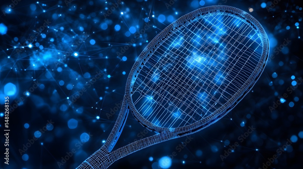 Leinwandbilder a stunning, tech-inspired digital artwork featuring a blue wireframe tennis racket. glowing orbs and