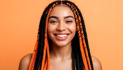 Beauty portrait of a young woman with vivid orange and black braids smiling
