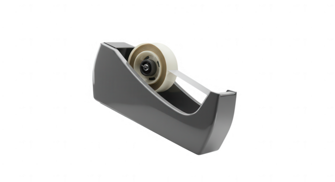 Gray tape dispenser with white tape on transparent background