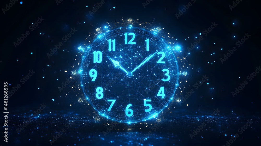 Poster Futuristic clock illustration with illuminated hands and numbers. A digital, high-tech time concept with glowing blue accents against a dark backdrop. Abstract wireframe in dark blue.