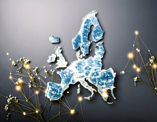 Abstract Digital Europe Map with Glowing Network Connections on Dark Background Representing Modern Technology and Global Communication