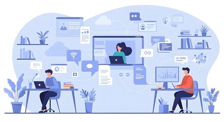 Professionals working from home using cloud-based tools for business collaboration. Minimalist vector with soft colors and tech elements.