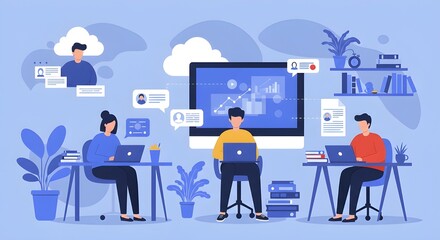 Professionals working from home using cloud-based tools for business collaboration. Minimalist vector with soft colors and tech elements.