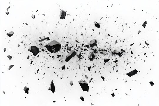 Black fragmented rocks or particles scattered and exploding outward on a white background creating a dynamic dispersal effect