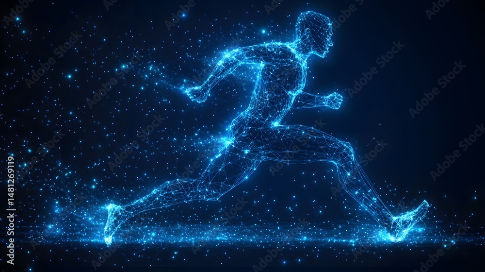 Leinwandbilder dynamic runner depicted as luminous blue lines/dots against a dark backdrop. evokes technology and s