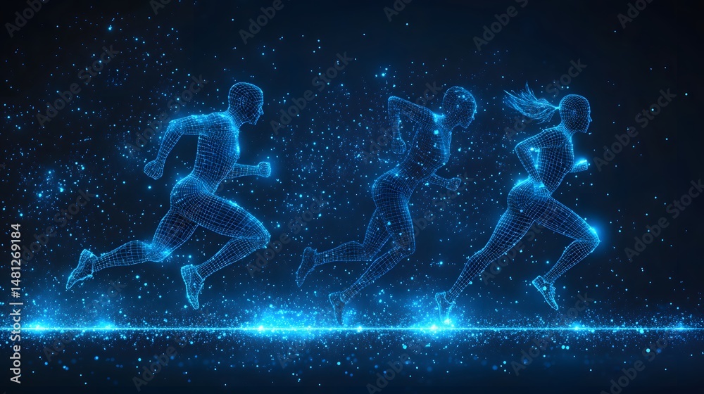 Aufkleber Futuristic runners illuminated in blue dash across a starry expanse. Wireframe figures represent speed and advanced technology. Great for sports or tech concepts. Abstract wireframe in dark blue