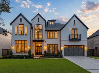 Modern farmhouse exterior at dusk