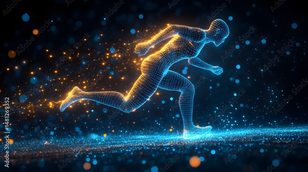 Fototapete dynamic digital art showcases a wireframe runner in motion, bathed in a vibrant gradient of blue to 
