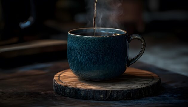 Steaming hot beverage in a dark teal mug. - Powered by Adobe
