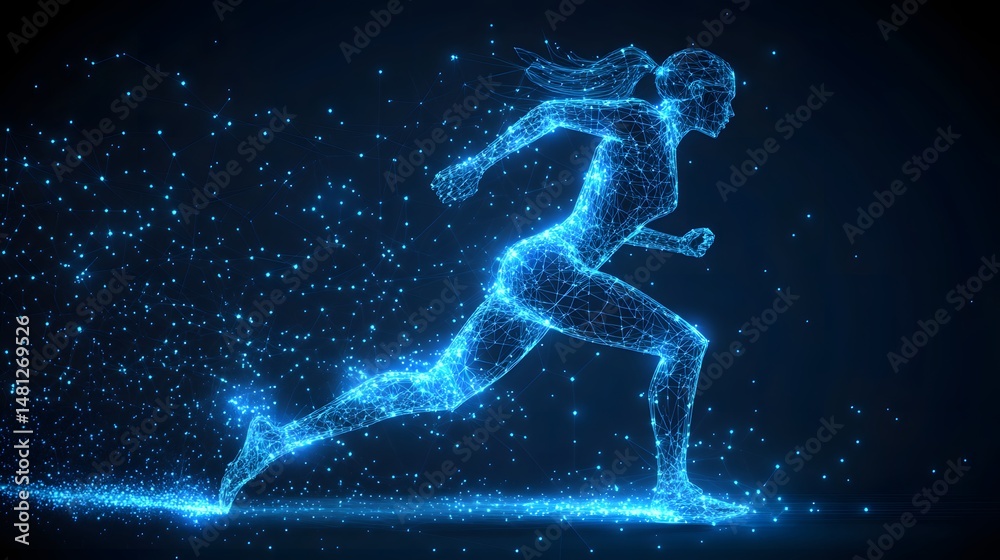 Aufkleber dynamic digital wireframe of a running woman, a mesh of blue lines illustrating movement and energy.