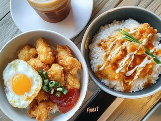 Crispy fried chicken over rice, with egg and sauce