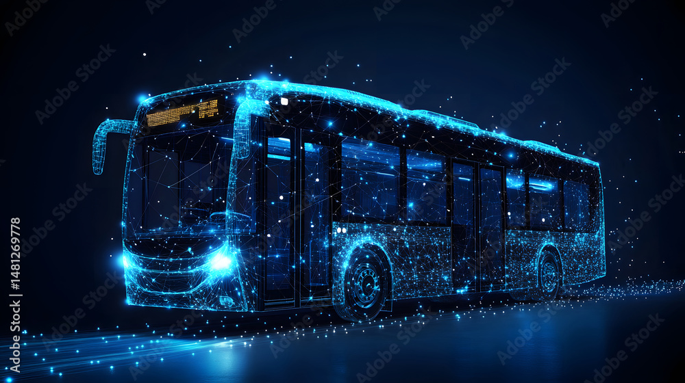 Leinwandbilder Futuristic bus with glowing blue wireframe design. Modern transportation concept showcasing connectivity and innovation. A high-tech vehicle outlined in digital light. Abstract wireframe in dark blue.