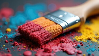 Fototapeta premium Close-up of worn paintbrush bristles, vibrant colors, paintbrush, fine art supplies