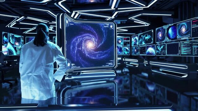 Scientist observing spiral galaxy simulation in futuristic control room