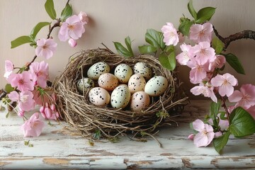Obraz premium Nest filled with speckled eggs surrounded by branches of delicate pink cherry blossoms expressing springtime beauty and new life
