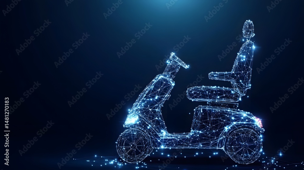 Poster futuristic mobility scooter depicted in a wireframe style against a dark blue gradient, evoking tech