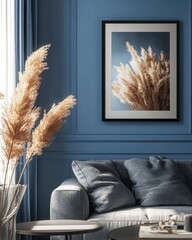 Dried Grass Print on Blue Wall Above Gray Sofa