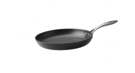 Black frying pan with silver handle isolated on transparent background
