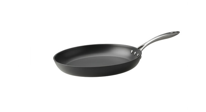Black frying pan with silver handle isolated on transparent background