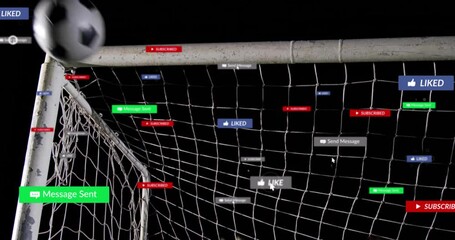 Soccer ball striking goal net, social icons floating around, sports marketing showing engagement - Powered by Adobe