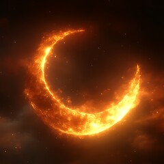 Fiery crescent moon in a dark sky