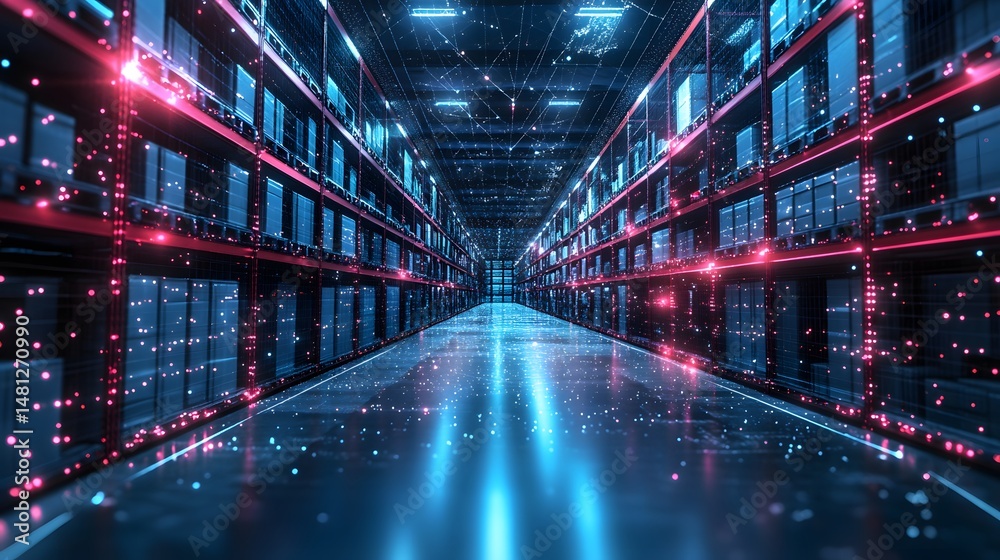 Aufkleber Futuristic data center showcasing cutting-edge technology and efficiency. Rows of blue servers line illuminated shelves, reflecting on a clean floor. Abstract wireframe in dark blue.