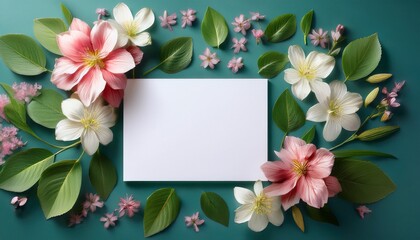 themed flat lay with fresh flowers, leaves, and a blank card for 