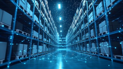 Futuristic warehouse interior filled with networked shelving. Boxes stacked, illuminated by bright lights, enhanced with digital overlay. Stock photo. Abstract wireframe in dark blue.
