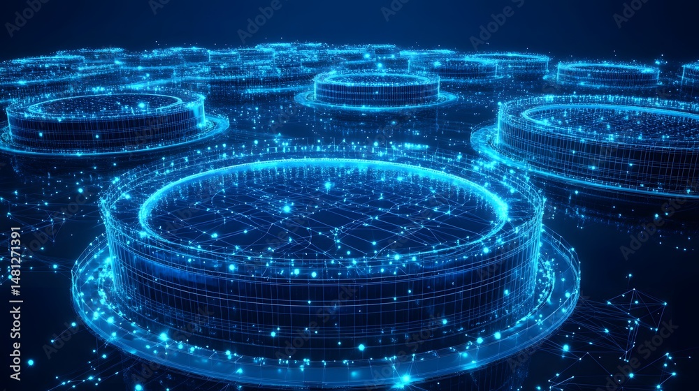 Aufkleber futuristic network featuring glowing cylindrical structures interwoven with digital blue light. a co