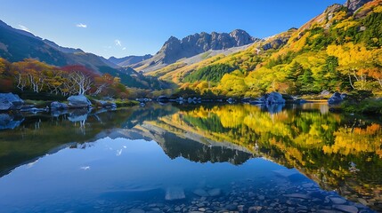 Obraz premium Scenic Autumn Mountain Landscape Reflecting In Calm Lake With Colorful Trees