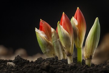 Red amaryllis flower buds emerge from rich, dark soil against a deep backdrop