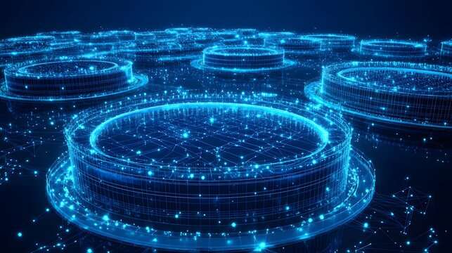 Futuristic network featuring glowing cylindrical structures interwoven with digital blue light. A complex data system visualized with advanced technology. Abstract wireframe in dark blue.