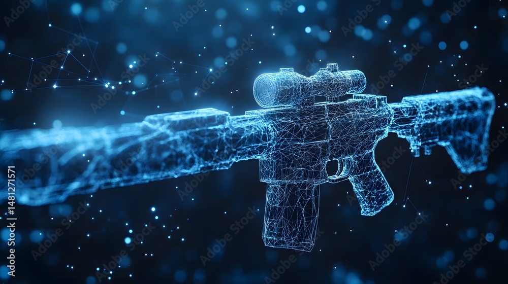 Poster futuristic rifle illustration rendered in a blue wireframe style. a technological weapon design feat