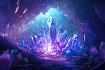 A mystical cave, filled with vibrant,  ice-blue crystals, bathed in ethereal light
