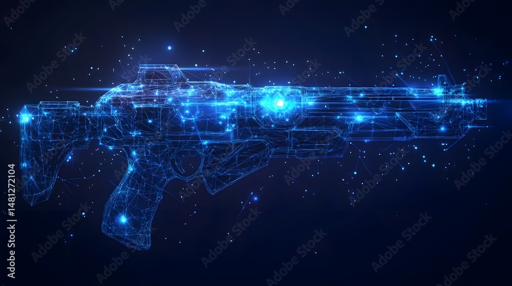 Aufkleber futuristic assault rifle visualized as a blue wireframe, illuminated against a dark blue, star-studd